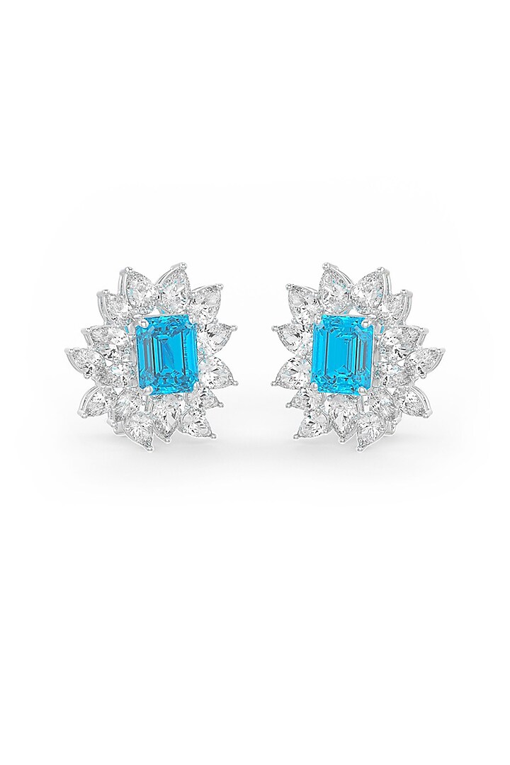 White Rhodium Finish Aqua Cubic Zirconia Crystal Stud Earrings In Sterling Silver by MISS JO at Pernia's Pop Up Shop