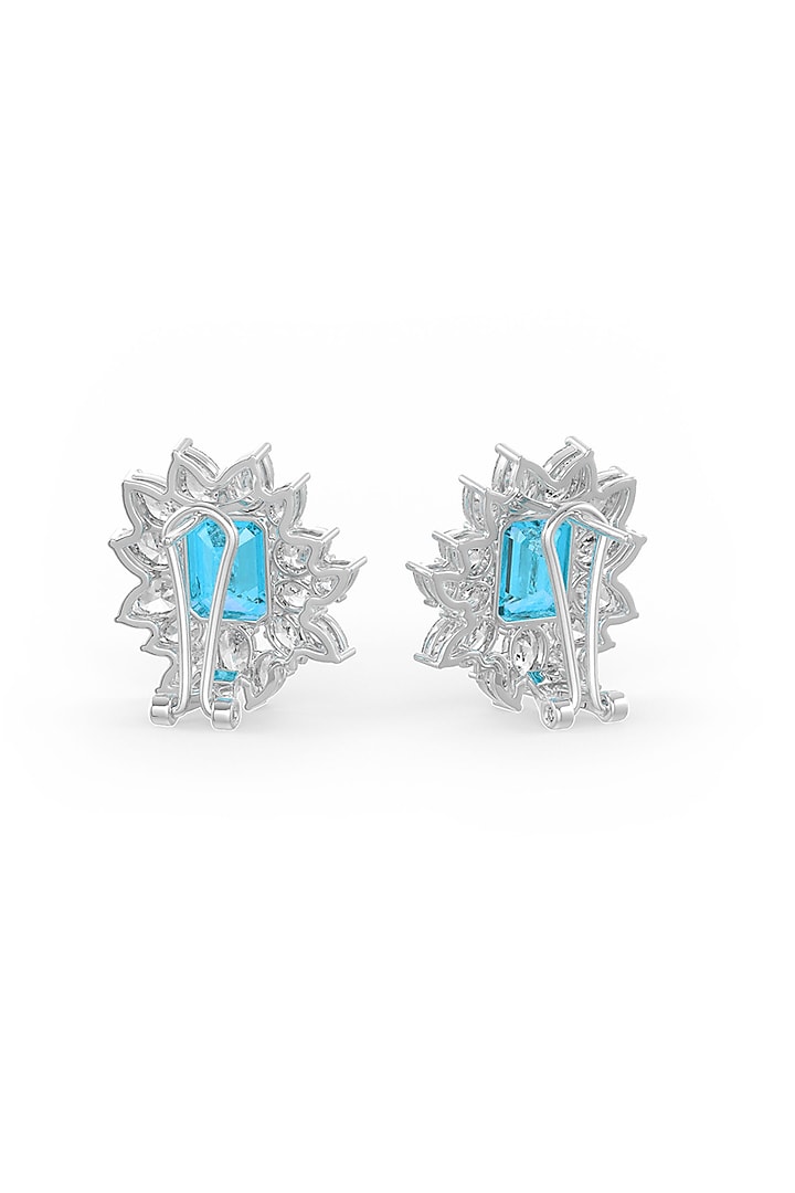 White Rhodium Finish Aqua Cubic Zirconia Crystal Stud Earrings In Sterling Silver by MISS JO at Pernia's Pop Up Shop
