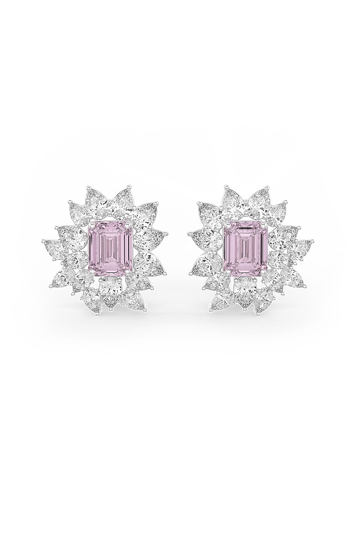 White Rhodium Finish Pink Cubic Zirconia Crystal Stud Earrings In Sterling Silver by MISS JO at Pernia's Pop Up Shop