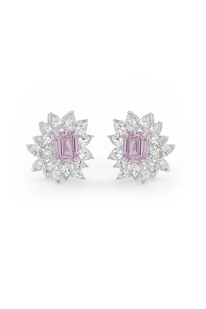 White Rhodium Finish Pink Cubic Zirconia Crystal Stud Earrings In Sterling Silver by MISS JO at Pernia's Pop Up Shop