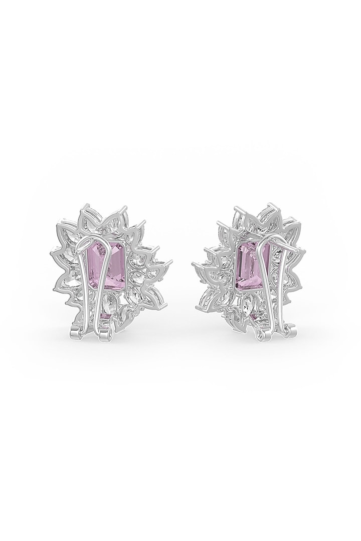 White Rhodium Finish Pink Cubic Zirconia Crystal Stud Earrings In Sterling Silver by MISS JO at Pernia's Pop Up Shop
