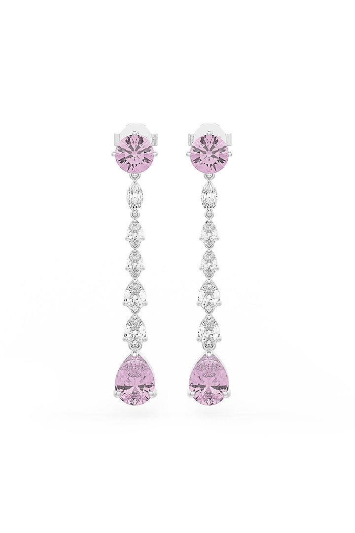 White Rhodium Finish Pink Cubic Zirconia Crystal Dangler Earrings In Sterling Silver by MISS JO at Pernia's Pop Up Shop