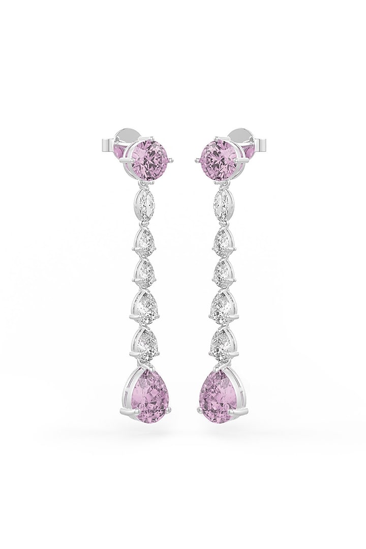 White Rhodium Finish Pink Cubic Zirconia Crystal Dangler Earrings In Sterling Silver by MISS JO at Pernia's Pop Up Shop