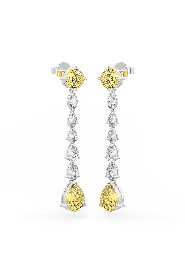 White Rhodium Finish Yellow Cubic Zirconia Crystal Dangler Earrings In Sterling Silver by MISS JO at Pernia's Pop Up Shop