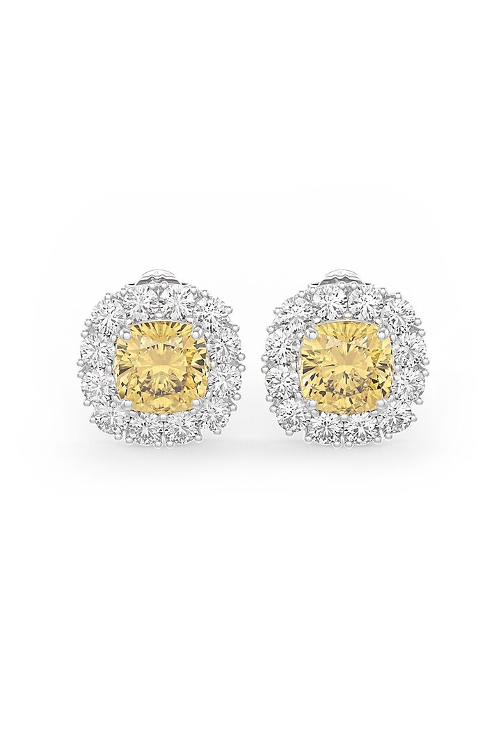 White Rhodium Finish Yellow Cubic Zirconia Crystal Stud Earrings In Sterling Silver by MISS JO at Pernia's Pop Up Shop