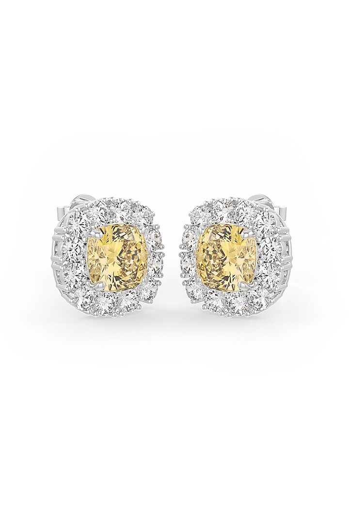 White Rhodium Finish Yellow Cubic Zirconia Crystal Stud Earrings In Sterling Silver by MISS JO at Pernia's Pop Up Shop