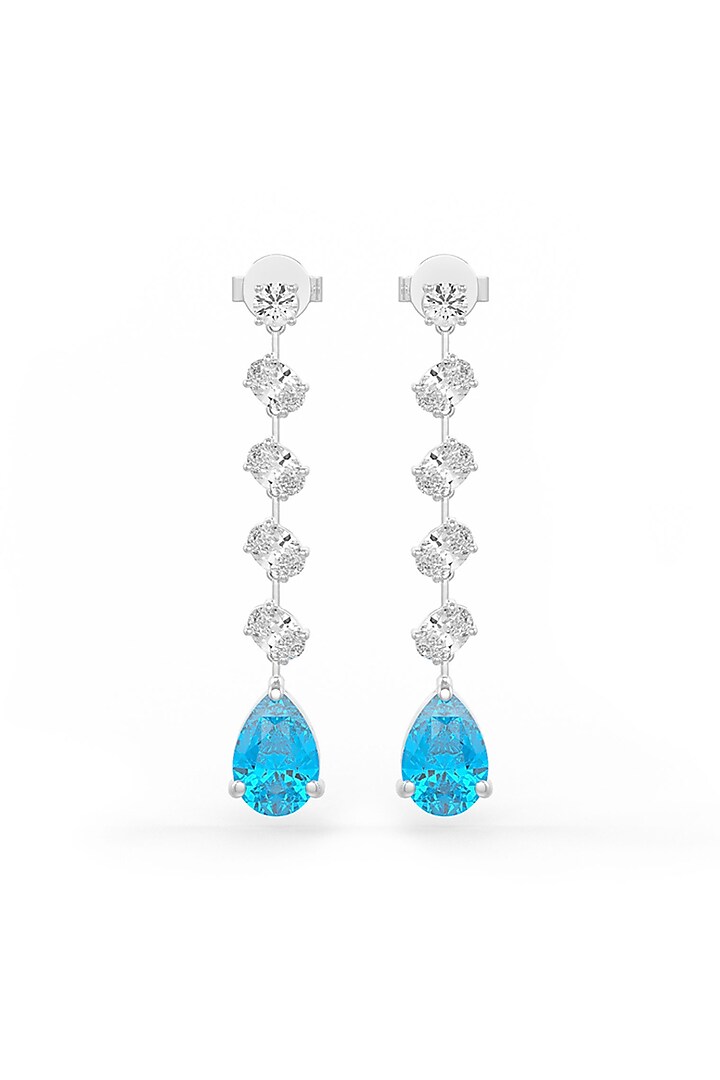 White Rhodium Finish Aqua Cubic Zirconia Crystal Dangler Earrings In Sterling Silver by MISS JO at Pernia's Pop Up Shop