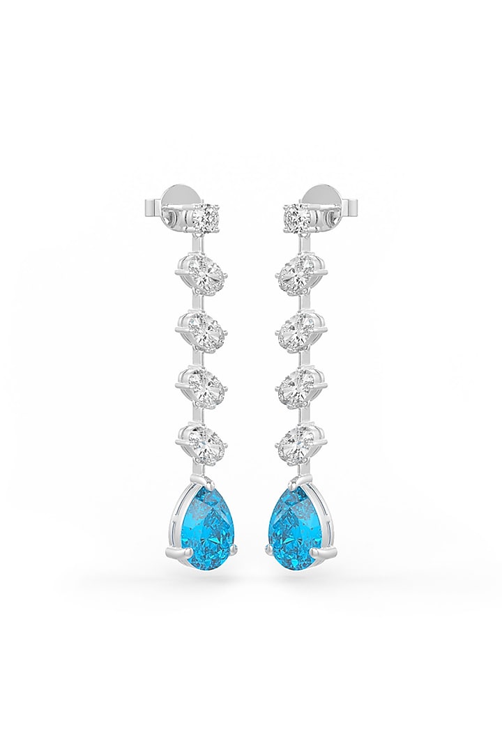 White Rhodium Finish Aqua Cubic Zirconia Crystal Dangler Earrings In Sterling Silver by MISS JO at Pernia's Pop Up Shop