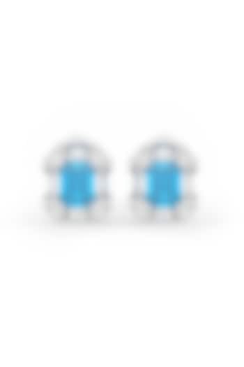 White Rhodium Finish Emerald-Cut Aqua Cubic Zirconia Crystal Stud Earrings In Sterling Silver by MISS JO at Pernia's Pop Up Shop
