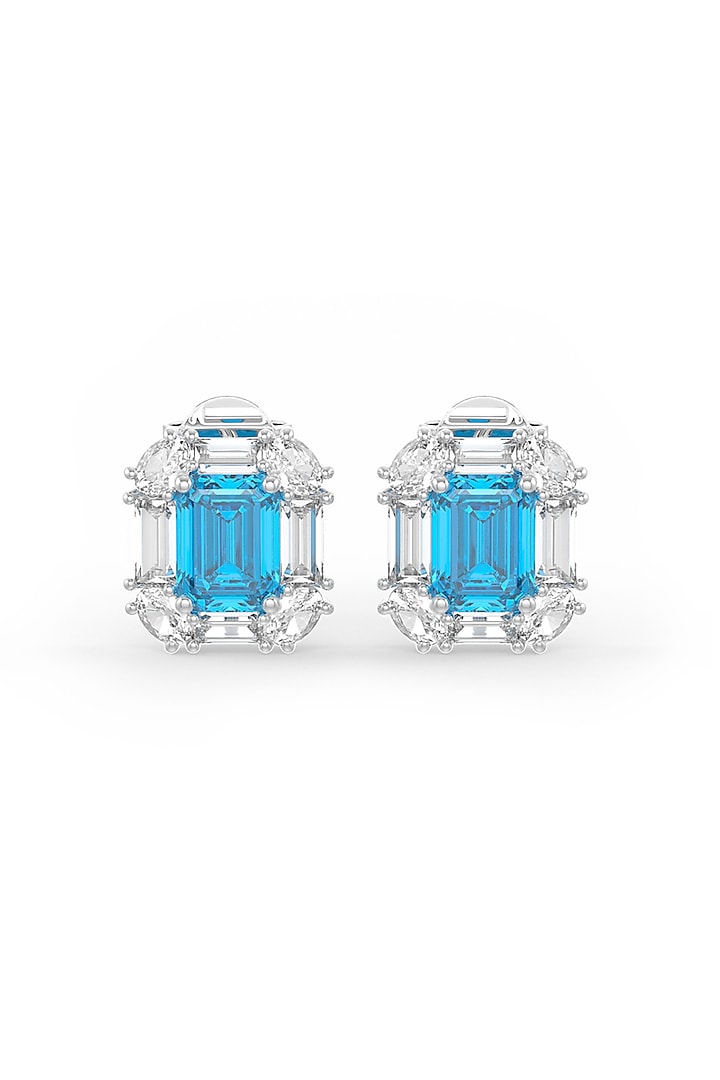 White Rhodium Finish Emerald-Cut Aqua Cubic Zirconia Crystal Stud Earrings In Sterling Silver by MISS JO at Pernia's Pop Up Shop