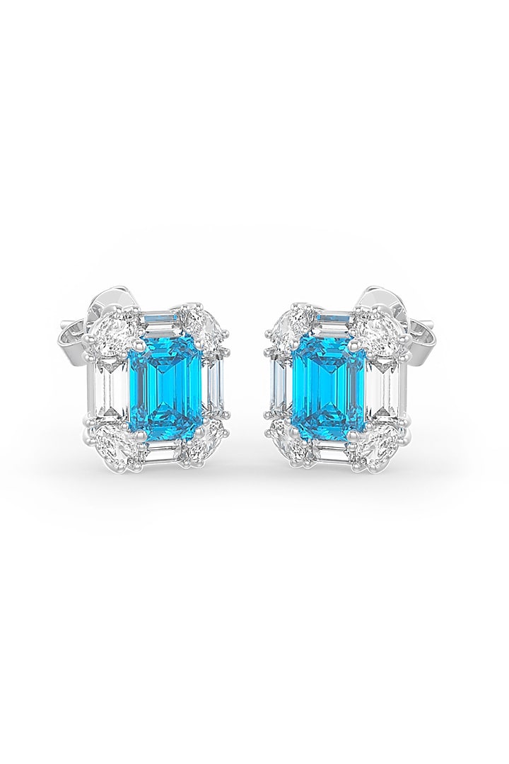 White Rhodium Finish Emerald-Cut Aqua Cubic Zirconia Crystal Stud Earrings In Sterling Silver by MISS JO at Pernia's Pop Up Shop