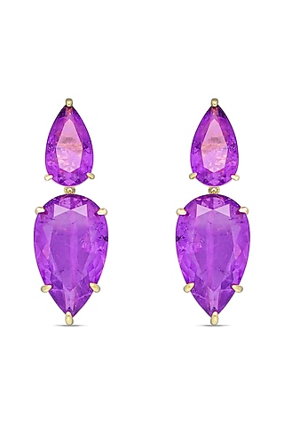 Gold Finish Purple Natural Stone Dangler Earrings In Sterling Silver by MISS JO