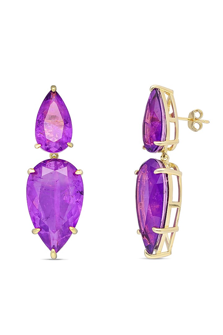 Gold Finish Purple Natural Stone Dangler Earrings In Sterling Silver by MISS JO at Pernia's Pop Up Shop
