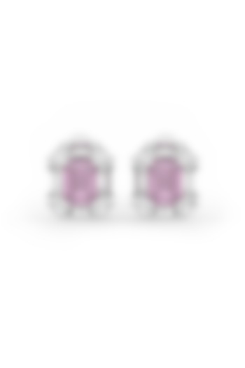 White Rhodium Finish Pink Cubic Zirconia Crystal Stud Earrings In Sterling Silver by MISS JO at Pernia's Pop Up Shop