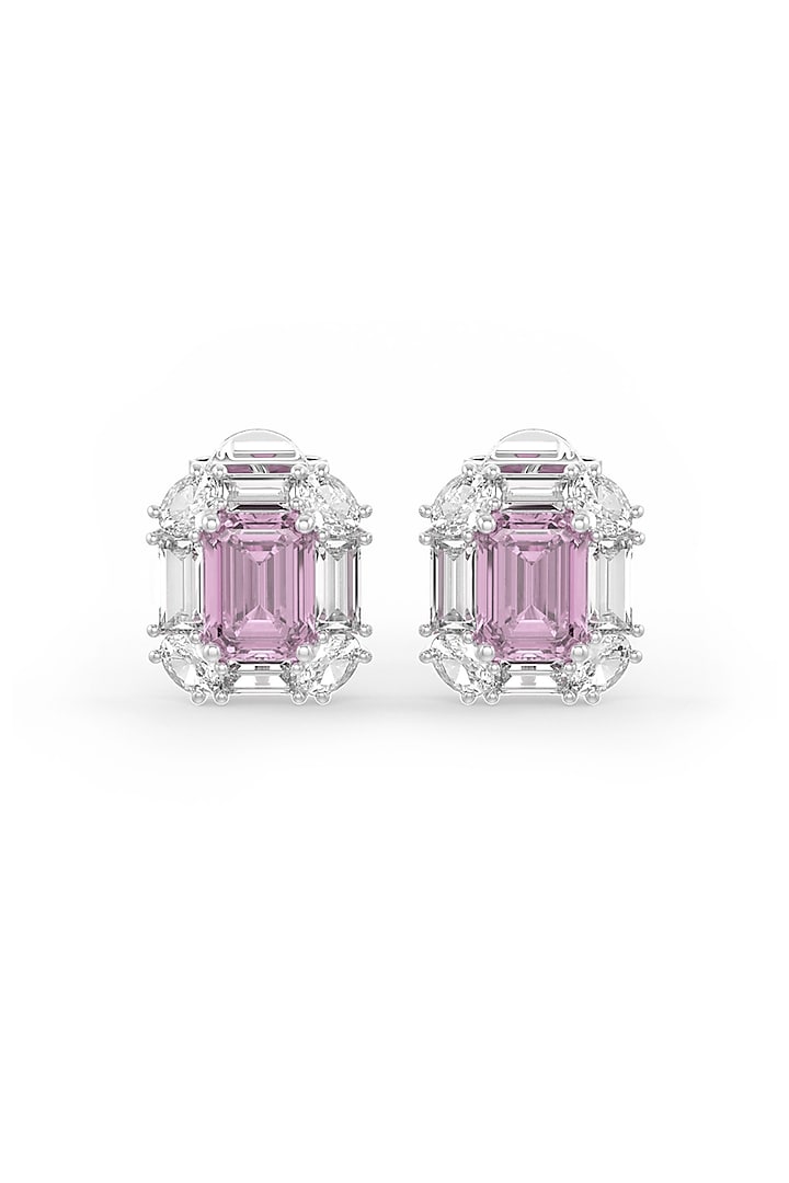 White Rhodium Finish Pink Cubic Zirconia Crystal Stud Earrings In Sterling Silver by MISS JO at Pernia's Pop Up Shop