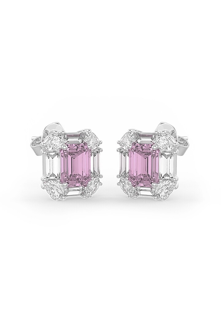 White Rhodium Finish Pink Cubic Zirconia Crystal Stud Earrings In Sterling Silver by MISS JO at Pernia's Pop Up Shop