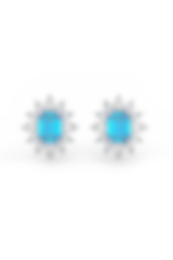 White Rhodium Finish Aqua Cubic Zirconia Crystal Stud Earrings In Sterling Silver by MISS JO at Pernia's Pop Up Shop
