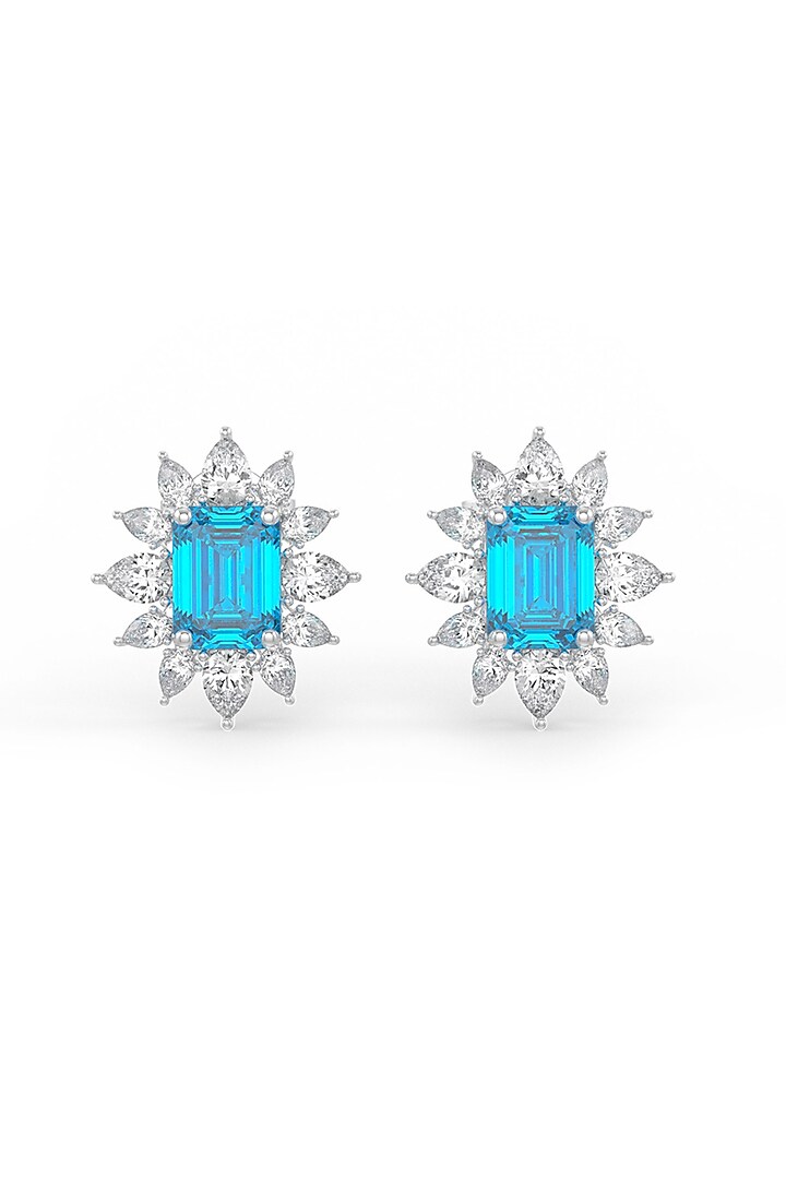 White Rhodium Finish Aqua Cubic Zirconia Crystal Stud Earrings In Sterling Silver by MISS JO at Pernia's Pop Up Shop