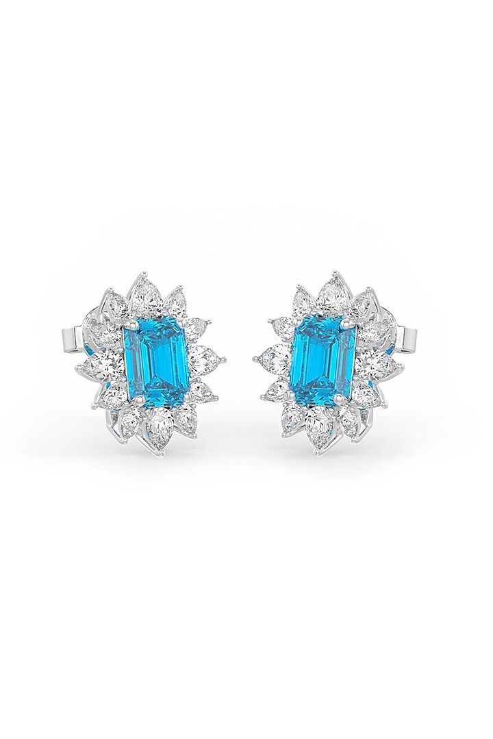 White Rhodium Finish Aqua Cubic Zirconia Crystal Stud Earrings In Sterling Silver by MISS JO at Pernia's Pop Up Shop