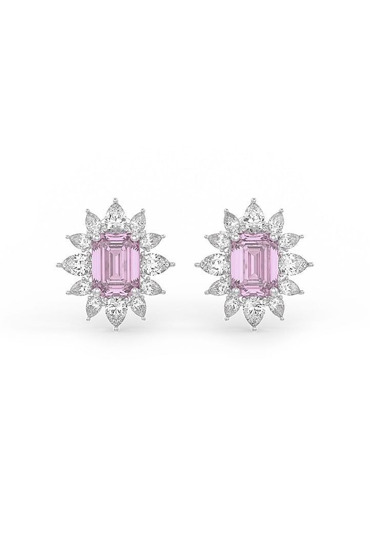 White Rhodium Finish Pink Cubic Zirconia Crystal Stud Earrings In Sterling Silver by MISS JO at Pernia's Pop Up Shop
