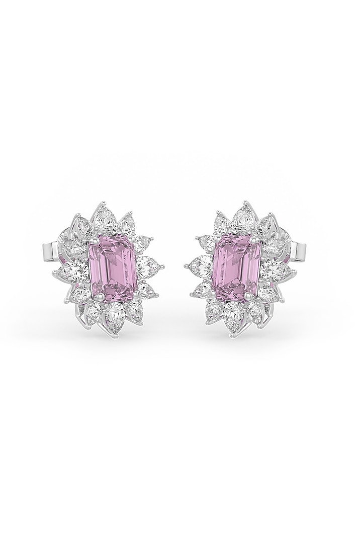 White Rhodium Finish Pink Cubic Zirconia Crystal Stud Earrings In Sterling Silver by MISS JO at Pernia's Pop Up Shop