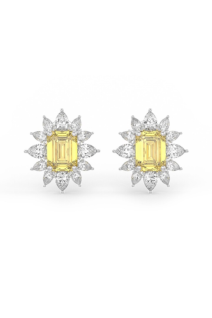 White Rhodium Finish Yellow Cubic Zirconia Crystal Stud Earrings In Sterling Silver by MISS JO at Pernia's Pop Up Shop