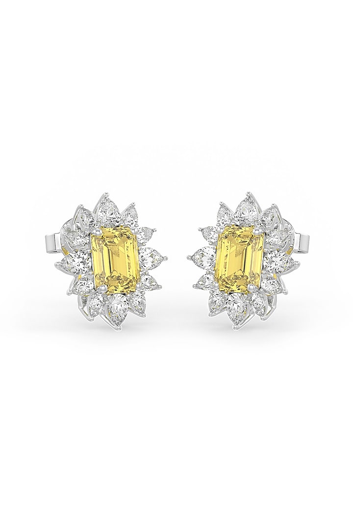 White Rhodium Finish Yellow Cubic Zirconia Crystal Stud Earrings In Sterling Silver by MISS JO at Pernia's Pop Up Shop
