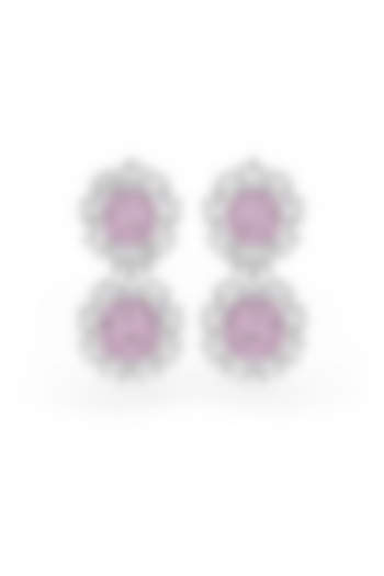 White Rhodium Finish Pink Cubic Zirconia Crystal Dangler Earrings In Sterling Silver by MISS JO at Pernia's Pop Up Shop