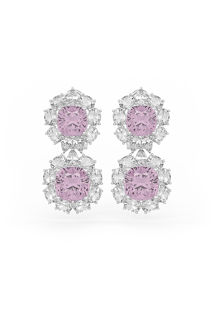 White Rhodium Finish Pink Cubic Zirconia Crystal Dangler Earrings In Sterling Silver by MISS JO at Pernia's Pop Up Shop