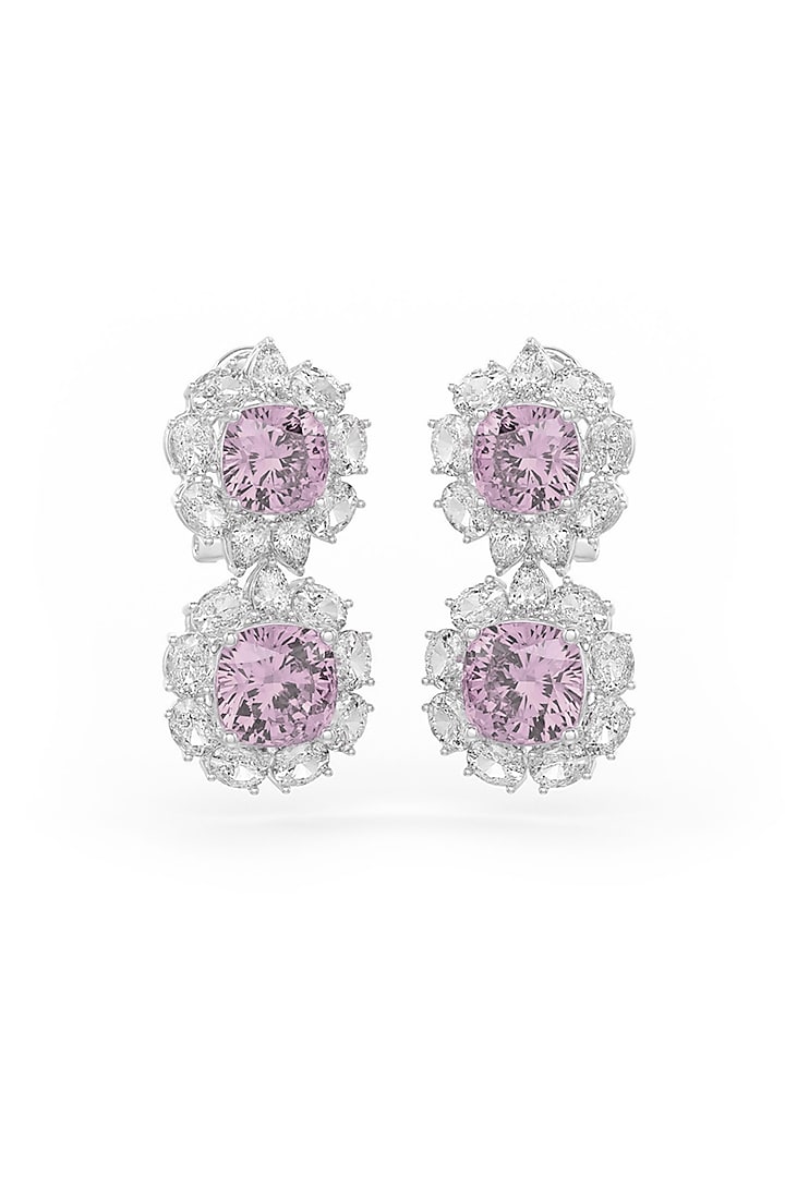 White Rhodium Finish Pink Cubic Zirconia Crystal Dangler Earrings In Sterling Silver by MISS JO at Pernia's Pop Up Shop