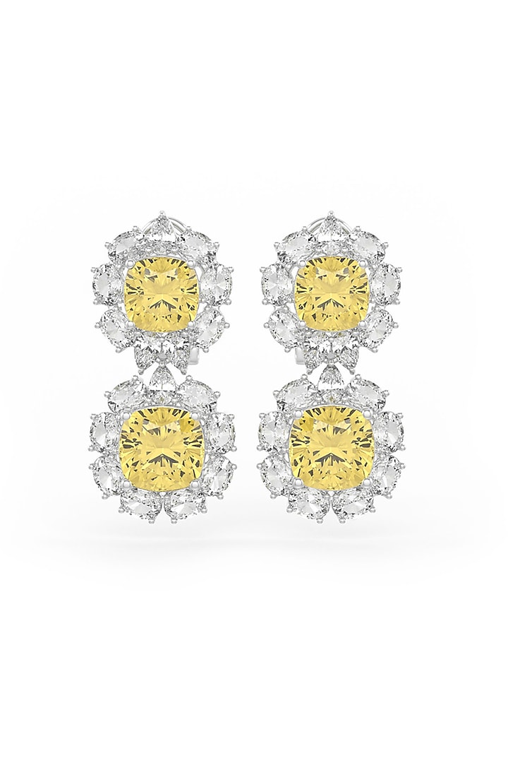 White Rhodium Finish Yellow Cubic Zirconia Crystal Dangler Earrings In Sterling Silver by MISS JO at Pernia's Pop Up Shop