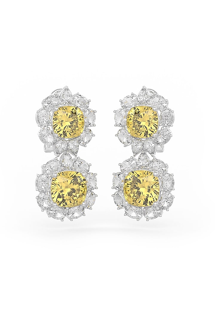 White Rhodium Finish Yellow Cubic Zirconia Crystal Dangler Earrings In Sterling Silver by MISS JO at Pernia's Pop Up Shop