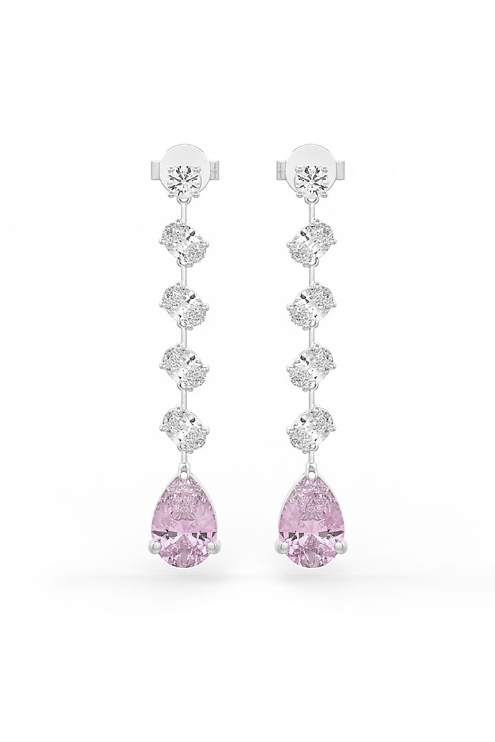 White Rhodium Finish Pink Cubic Zirconia Crystal Dangler Earrings In Sterling Silver by MISS JO at Pernia's Pop Up Shop