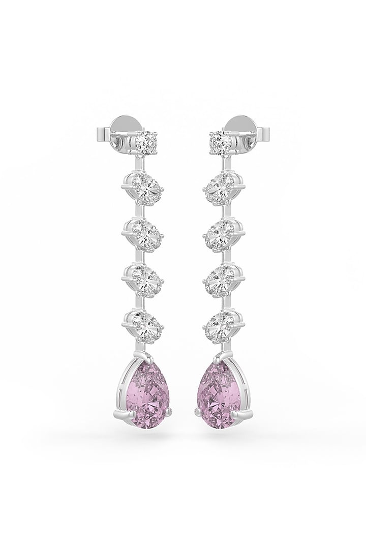 White Rhodium Finish Pink Cubic Zirconia Crystal Dangler Earrings In Sterling Silver by MISS JO at Pernia's Pop Up Shop