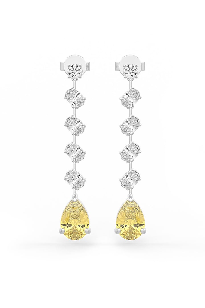 White Rhodium Finish yellow Cubic Zirconia Crystal Dangler Earrings In Sterling Silver by MISS JO at Pernia's Pop Up Shop
