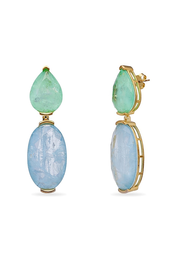 Gold Finish Aquamarine Green & Sky Blue Natural Stone Dangler Earrings In Sterling Silver by MISS JO at Pernia's Pop Up Shop