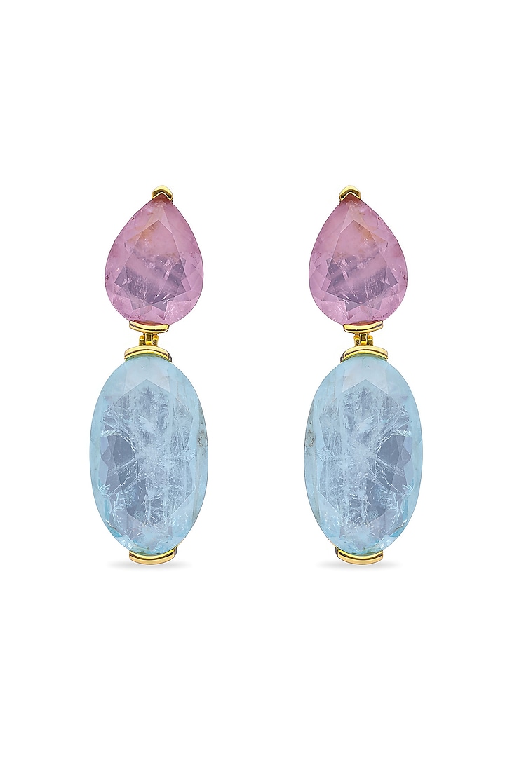 Gold Finish Purple & Sky Blue Natural Stone Dangler Earrings In Sterling Silver by MISS JO at Pernia's Pop Up Shop