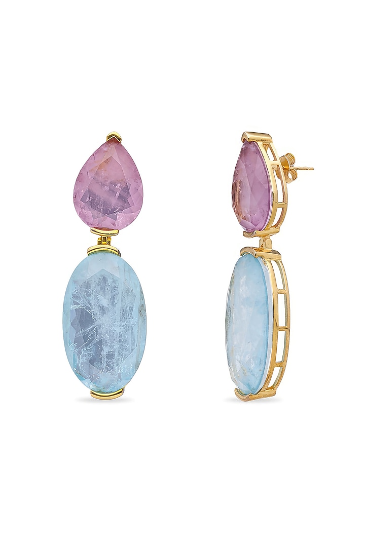 Gold Finish Purple & Sky Blue Natural Stone Dangler Earrings In Sterling Silver by MISS JO at Pernia's Pop Up Shop