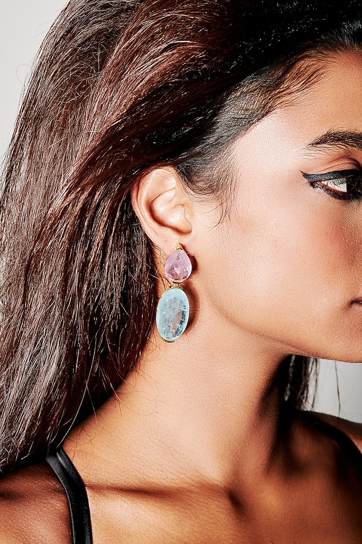 Gold Finish Purple & Sky Blue Natural Stone Dangler Earrings In Sterling Silver by MISS JO at Pernia's Pop Up Shop