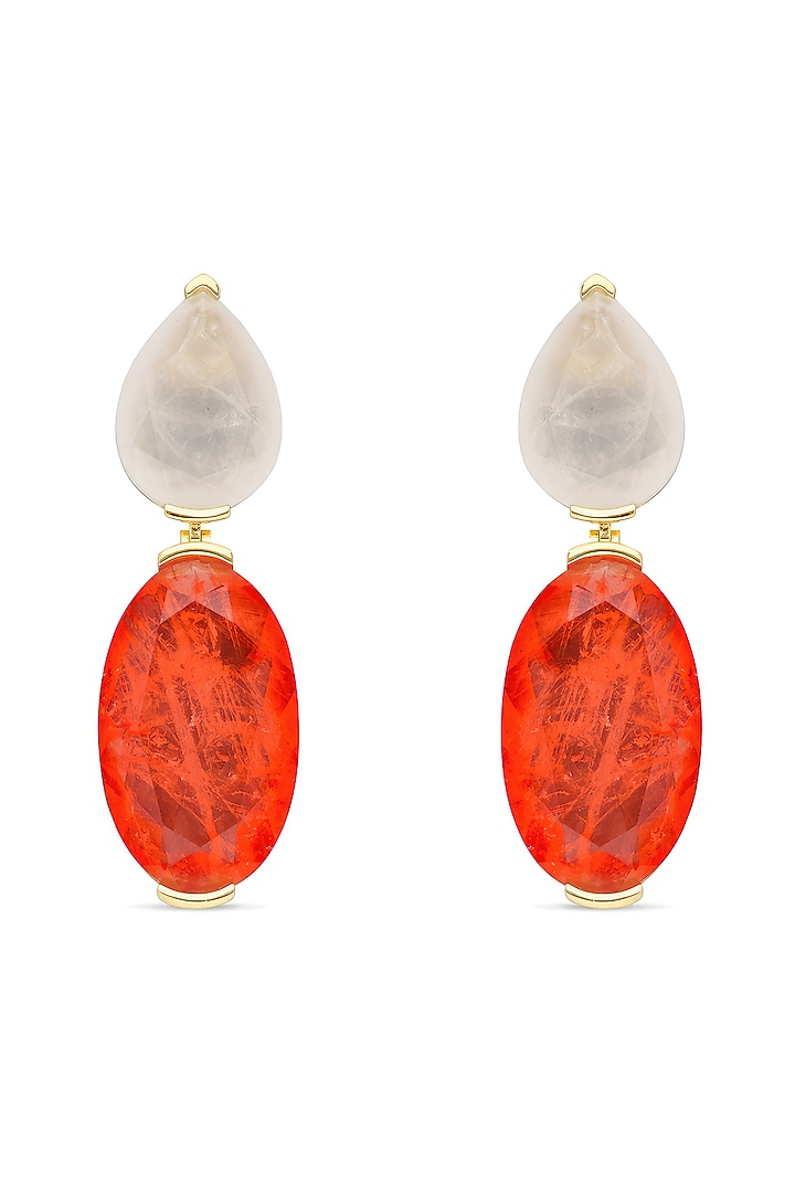 Gold Finish White & Orange Red Natural Stone Dangler Earrings In Sterling Silver by MISS JO at Pernia's Pop Up Shop