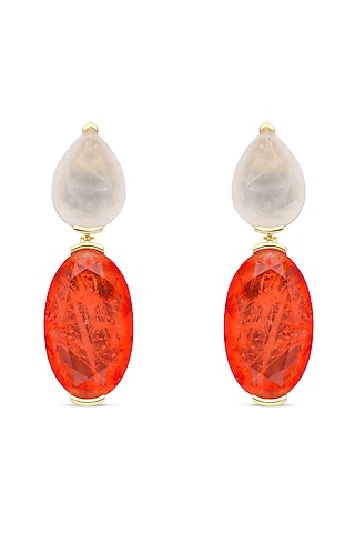 Gold Finish White & Orange Red Natural Stone Dangler Earrings In Sterling Silver by MISS JO