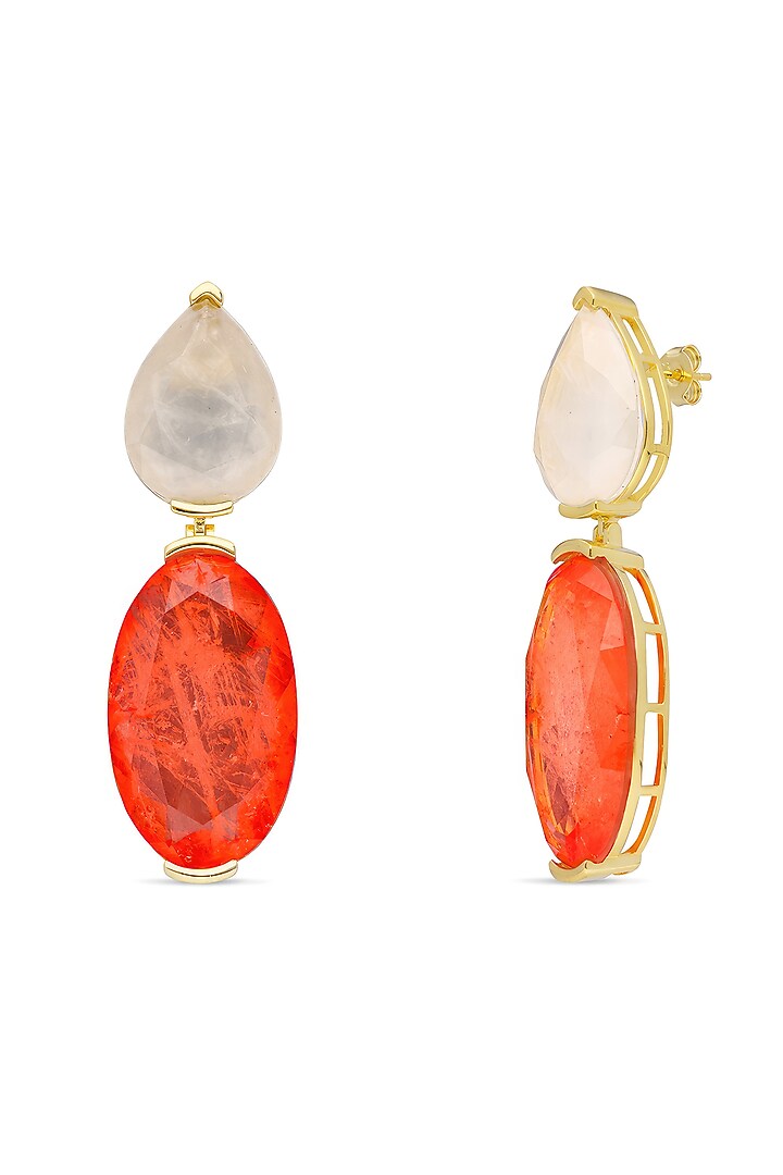 Gold Finish White & Orange Red Natural Stone Dangler Earrings In Sterling Silver by MISS JO at Pernia's Pop Up Shop