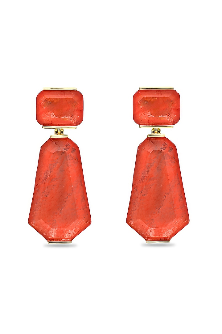Gold Finish Coral Orange Natural Stone Dangler Earrings In Sterling Silver by MISS JO at Pernia's Pop Up Shop