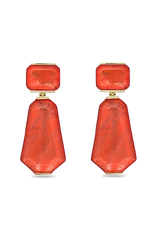Gold Finish Coral Orange Natural Stone Dangler Earrings In Sterling Silver by MISS JO