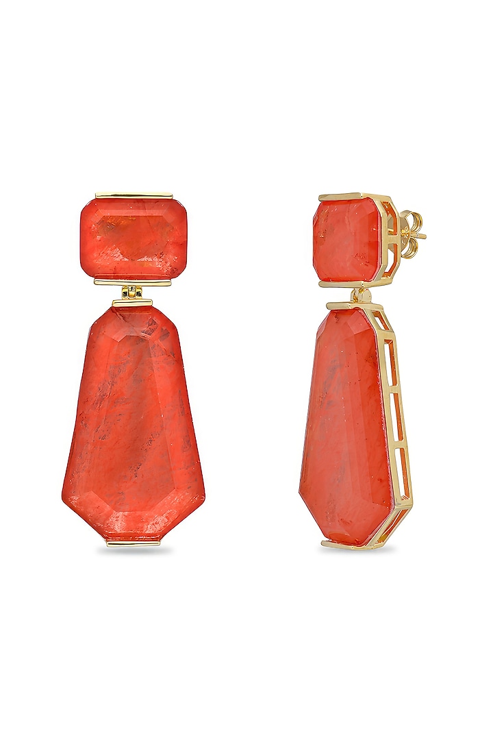 Gold Finish Coral Orange Natural Stone Dangler Earrings In Sterling Silver by MISS JO at Pernia's Pop Up Shop