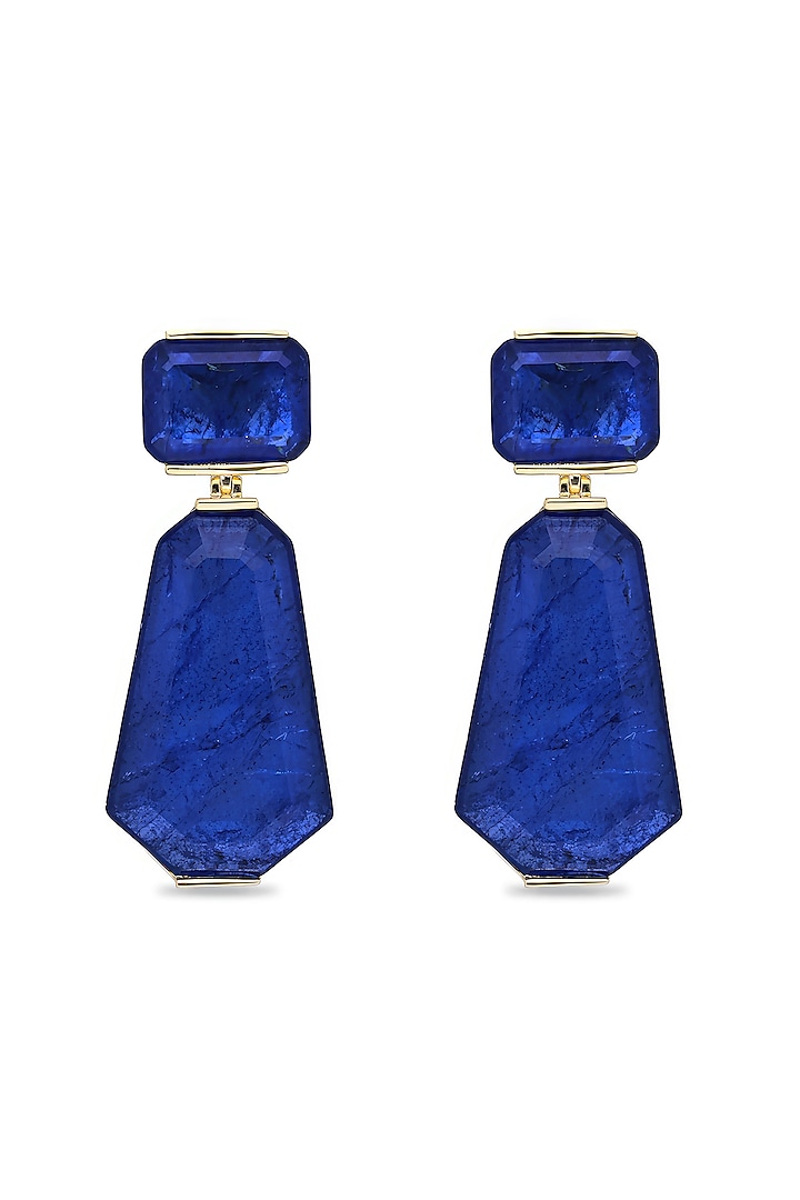 Gold Finish Dark Blue Natural Stone Dangler Earrings In Sterling Silver by MISS JO at Pernia's Pop Up Shop