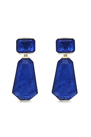 Gold Finish Dark Blue Natural Stone Dangler Earrings In Sterling Silver by MISS JO
