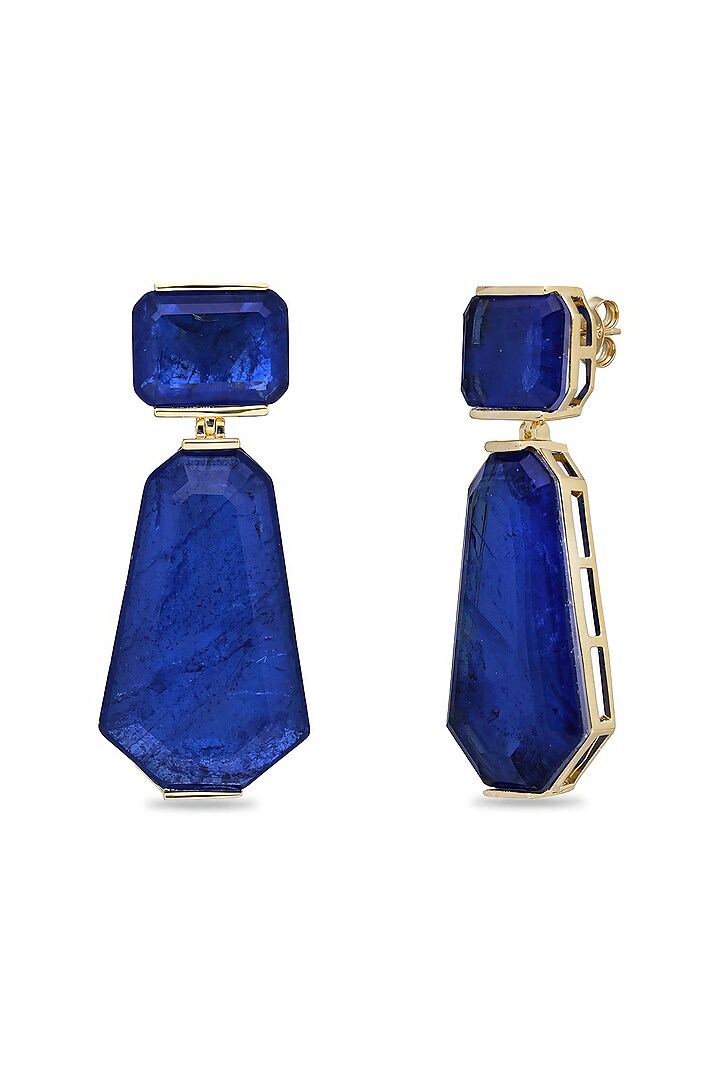 Gold Finish Dark Blue Natural Stone Dangler Earrings In Sterling Silver by MISS JO at Pernia's Pop Up Shop