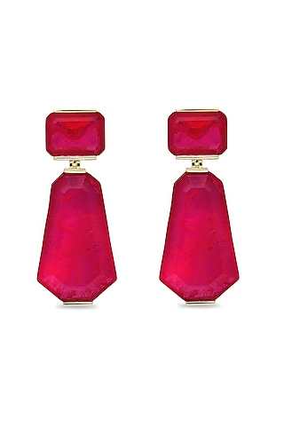Gold Finish Deep Pink Natural Stone Dangler Earrings In Sterling Silver by MISS JO
