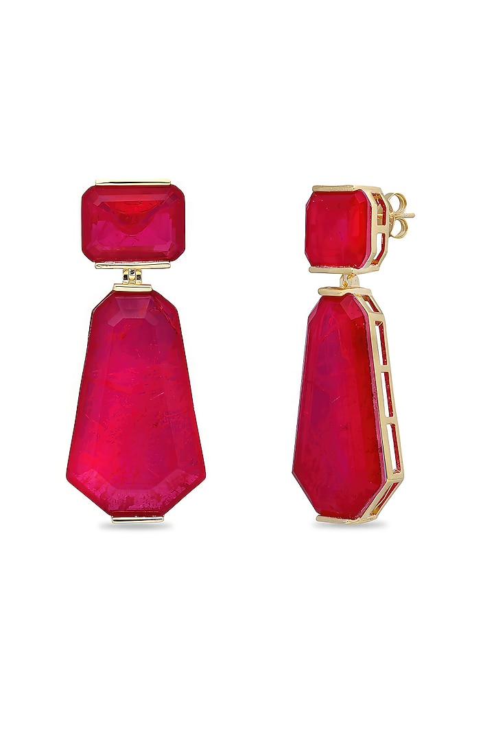 Gold Finish Deep Pink Natural Stone Dangler Earrings In Sterling Silver by MISS JO at Pernia's Pop Up Shop